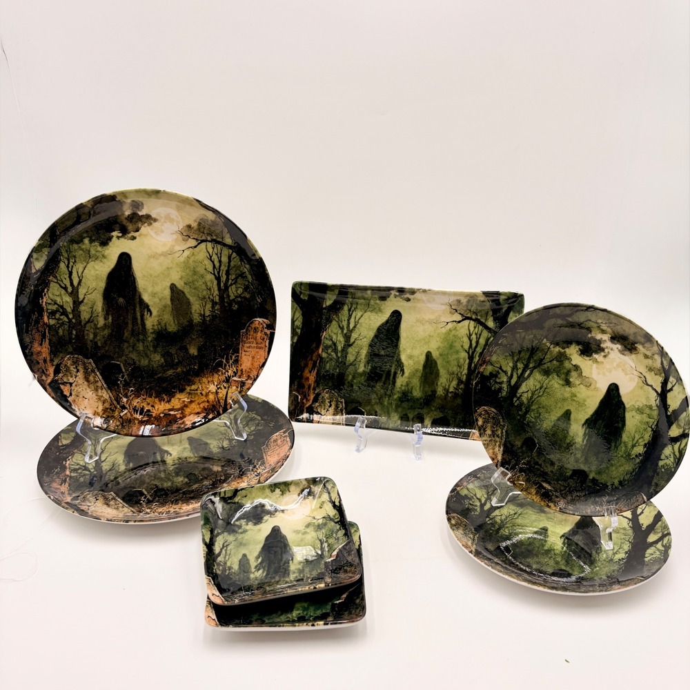 Zrike Gothic Haunted Graveyard Ceramic Dinnerware Set Halloween Spooky Ghost 7pc